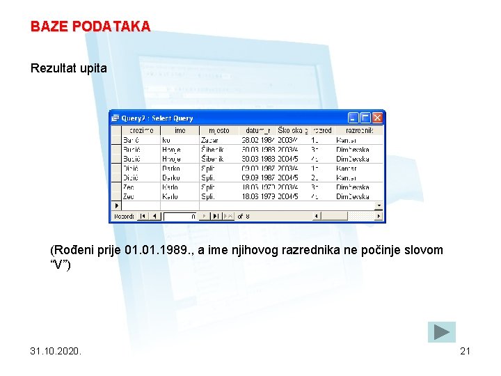 BAZE PODATAKA Rezultat upita (Rođeni prije 01. 1989. , a ime njihovog razrednika ne