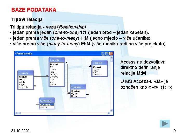 BAZE PODATAKA Tipovi relacija Tri tipa relacija - veza (Relationship) • jedan prema jedan