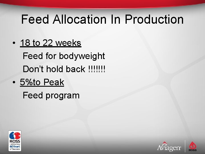 Feed Allocation In Production • 18 to 22 weeks Feed for bodyweight Don’t hold