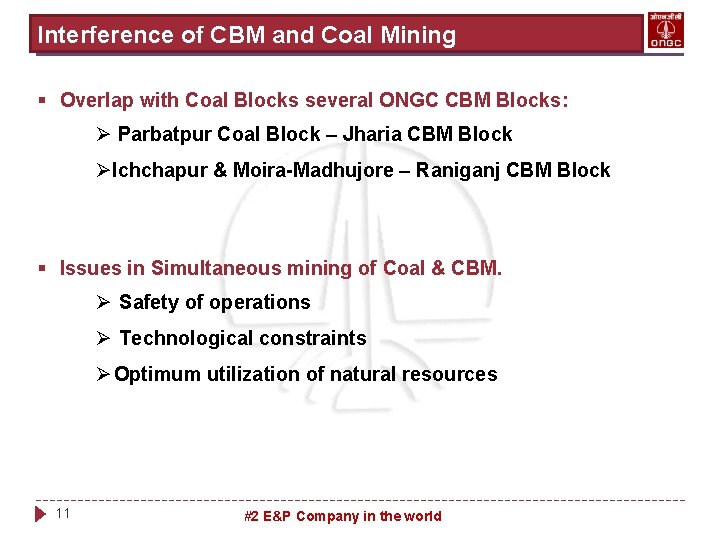 Interference of CBM and Coal Mining § Overlap with Coal Blocks several ONGC CBM
