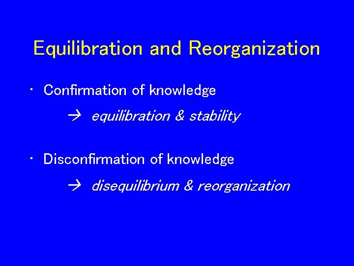 Equilibration and Reorganization • Confirmation of knowledge equilibration & stability • Disconfirmation of knowledge