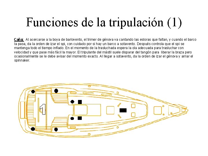 Funciones de la tripulación (1) Caña: Al acercarse a la boya de barlovento, el