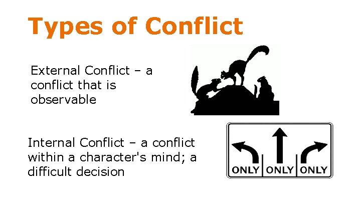 Types of Conflict External Conflict – a conflict that is observable Internal Conflict –