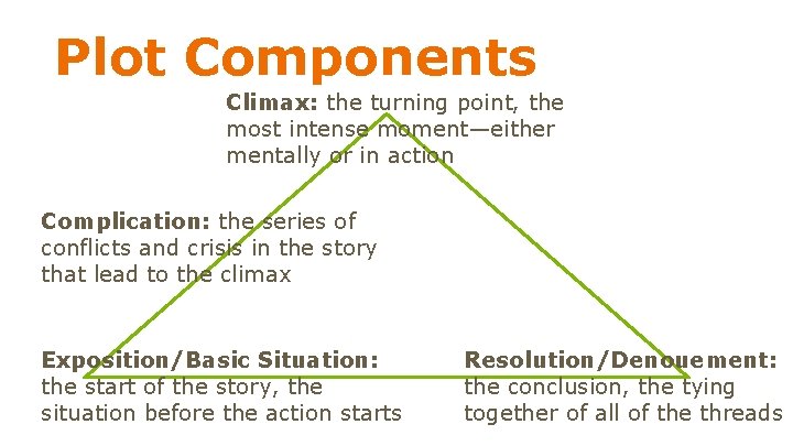 Plot Components Climax: the turning point, the most intense moment—either mentally or in action