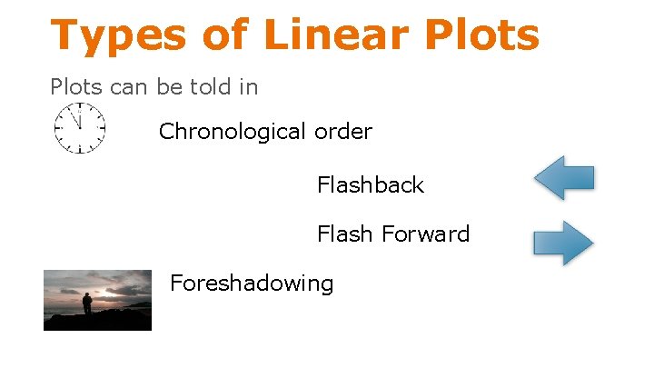 Types of Linear Plots can be told in Chronological order Flashback Flash Forward Foreshadowing