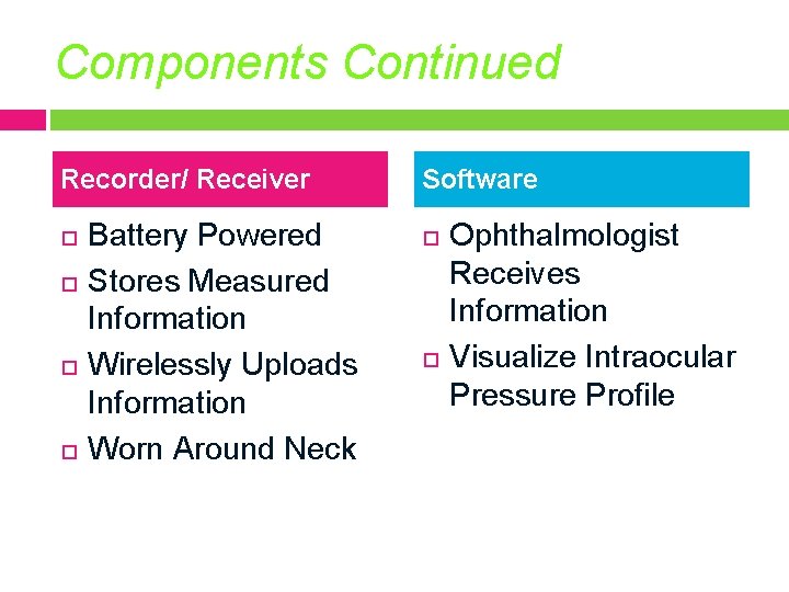 Components Continued Recorder/ Receiver Battery Powered Stores Measured Information Wirelessly Uploads Information Worn Around