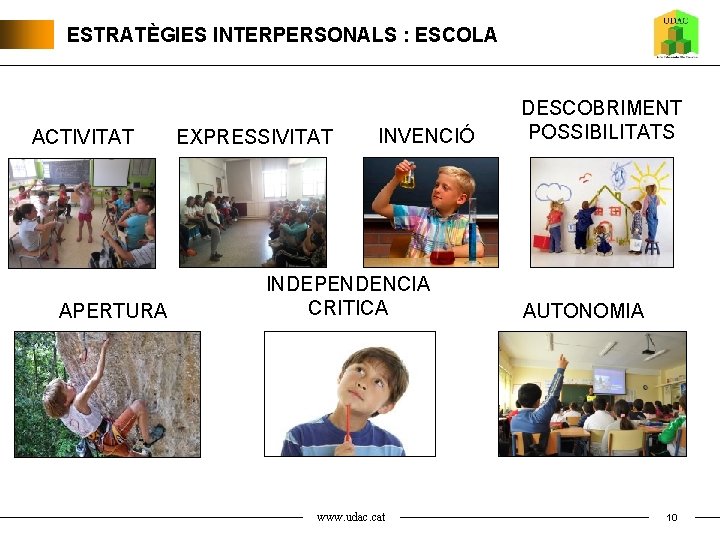 ESTRATÈGIES INTERPERSONALS : ESCOLA ACTIVITAT APERTURA EXPRESSIVITAT INVENCIÓ INDEPENDENCIA CRITICA www. udac. cat DESCOBRIMENT