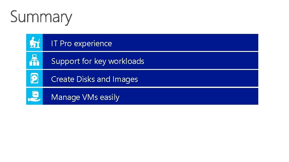 IT Pro experience Support for key workloads Create Disks and Images Manage VMs easily