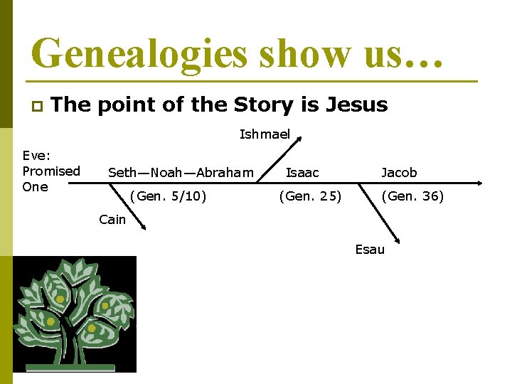 Genealogies show us… p The point of the Story is Jesus Ishmael Eve: Promised