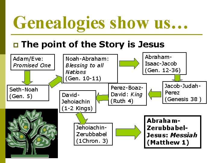 Genealogies show us… p The point of the Story is Jesus Adam/Eve: Promised One