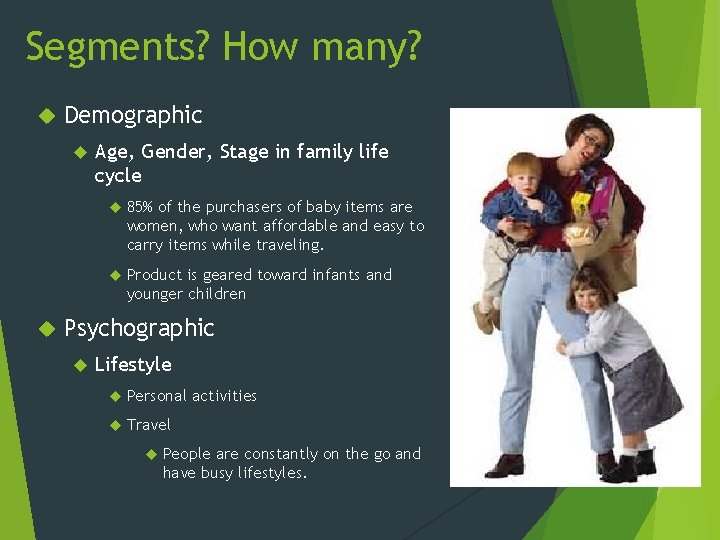 Segments? How many? Demographic Age, Gender, Stage in family life cycle 85% of the