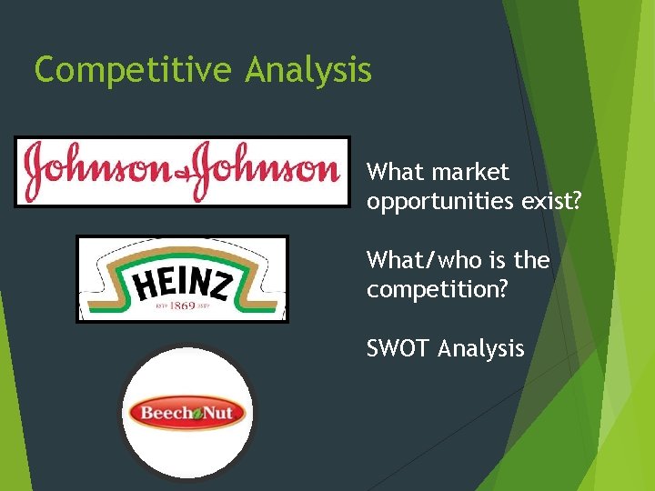 Competitive Analysis What market opportunities exist? What/who is the competition? SWOT Analysis 