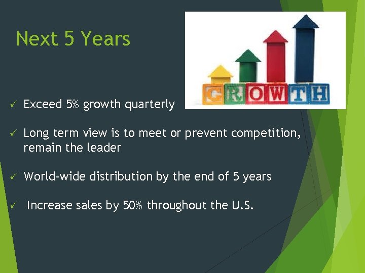 Next 5 Years ü Exceed 5% growth quarterly ü Long term view is to