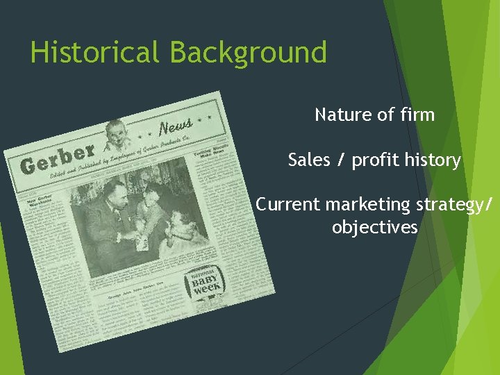 Historical Background Nature of firm Sales / profit history Current marketing strategy/ objectives 