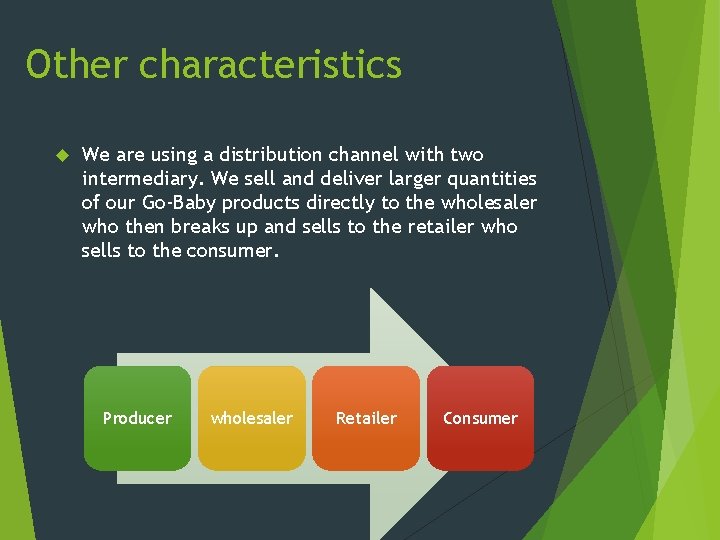 Other characteristics We are using a distribution channel with two intermediary. We sell and