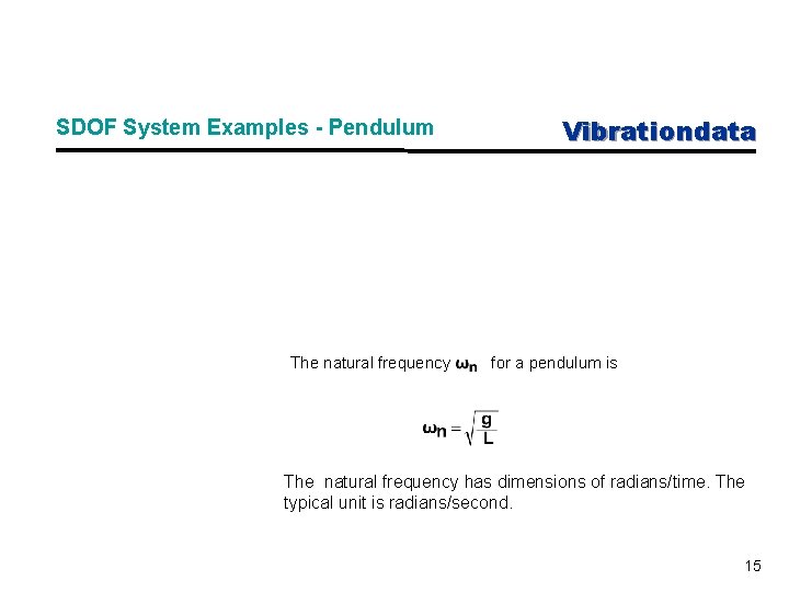 SDOF System Examples - Pendulum Vibrationdata The natural frequency for a pendulum is The