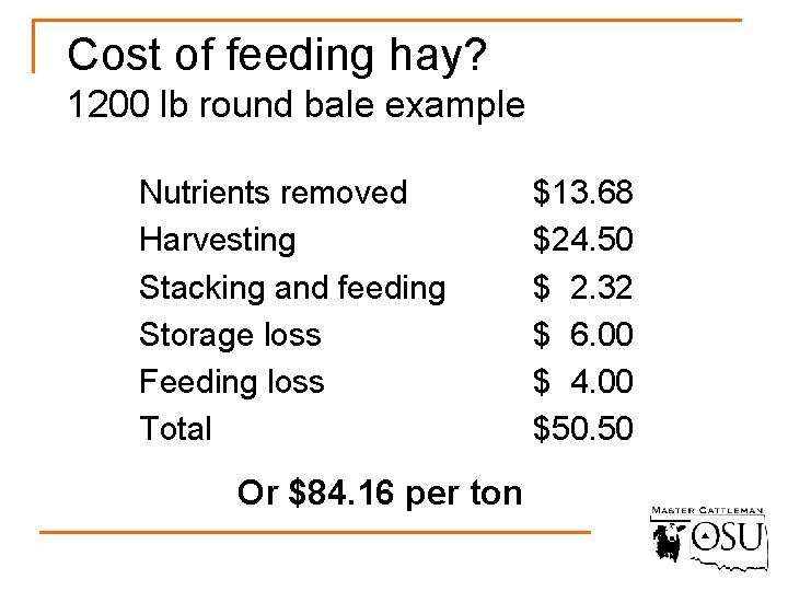 Cost of feeding hay? 1200 lb round bale example Nutrients removed Harvesting Stacking and