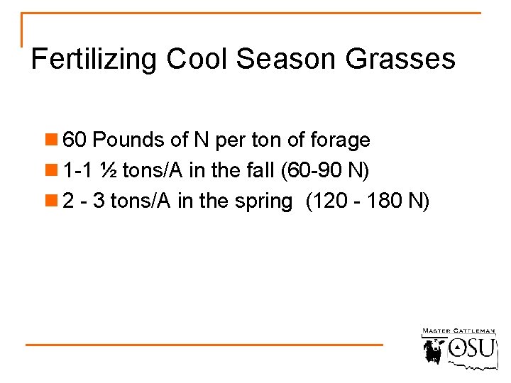 Fertilizing Cool Season Grasses n 60 Pounds of N per ton of forage n