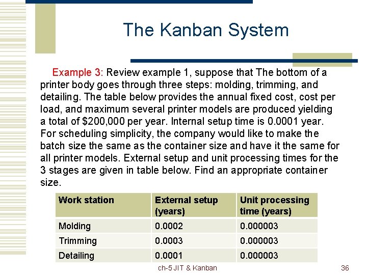 The Kanban System Example 3: Review example 1, suppose that The bottom of a