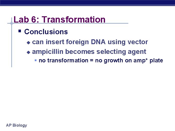 Lab 6: Transformation § Conclusions can insert foreign DNA using vector u ampicillin becomes