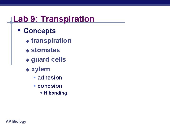 Lab 9: Transpiration § Concepts transpiration u stomates u guard cells u xylem u