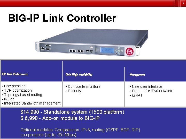 6 BIG-IP Link Controller ISP Link Performance Link High Availability Management • Compression •