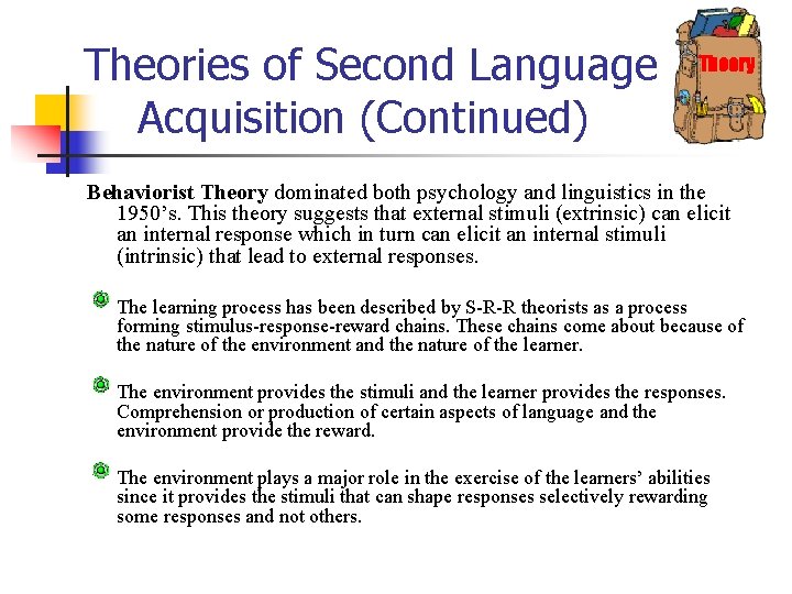 Theories of Second Language Acquisition (Continued) Theory Behaviorist Theory dominated both psychology and linguistics