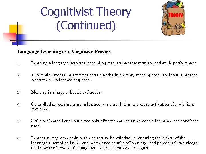 Cognitivist Theory (Continued) Theory Language Learning as a Cognitive Process 1. Learning a language