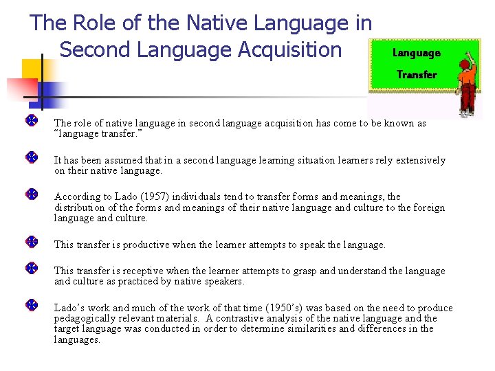 The Role of the Native Language in Second Language Acquisition Language Transfer The role