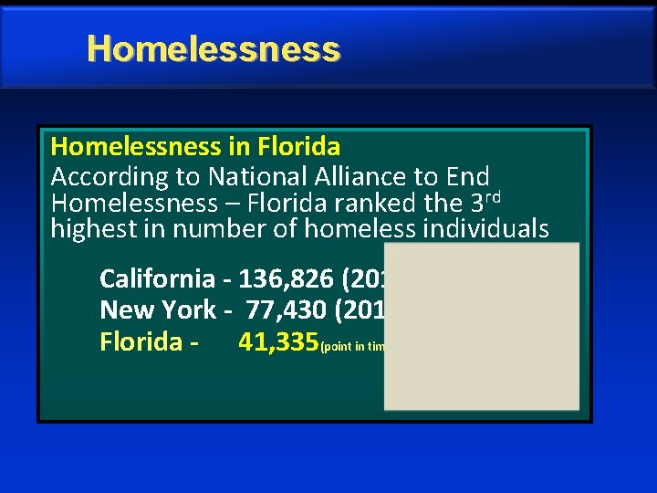 Homelessness in Florida According to National Alliance to End Homelessness – Florida ranked the