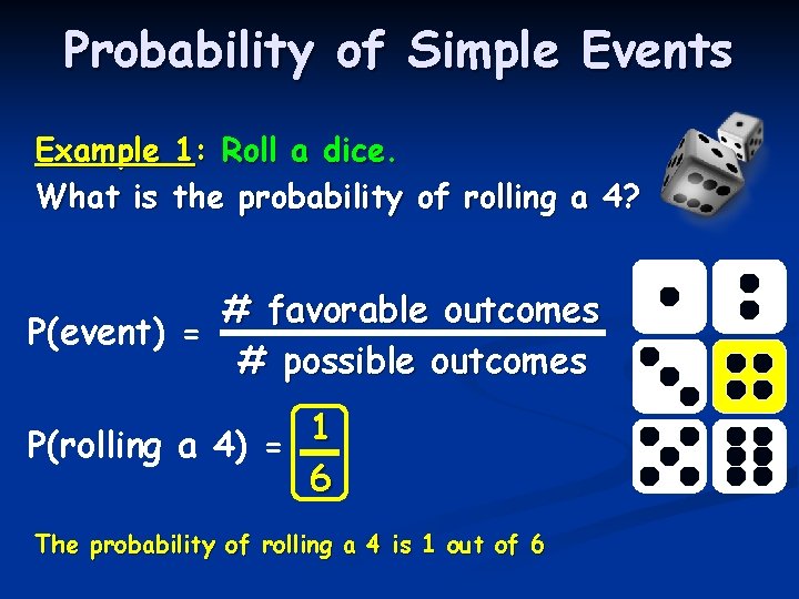 Probability of Simple Events Example 1: Roll a dice. What is the probability of