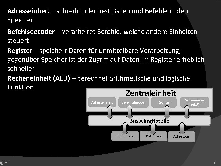 Adresseinheit – schreibt oder liest Daten und Befehle in den Speicher Befehlsdecoder – verarbeitet