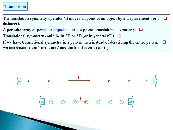 Translation The translation symmetry operator (t) moves an point or an object by a