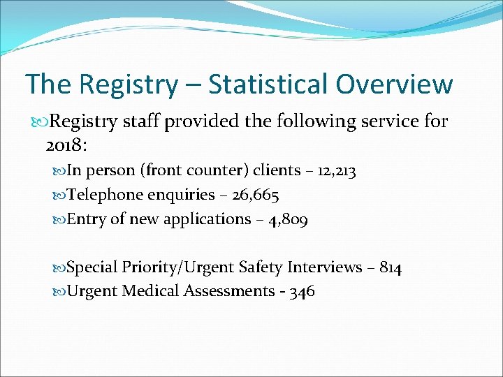 The Registry – Statistical Overview Registry staff provided the following service for 2018: In
