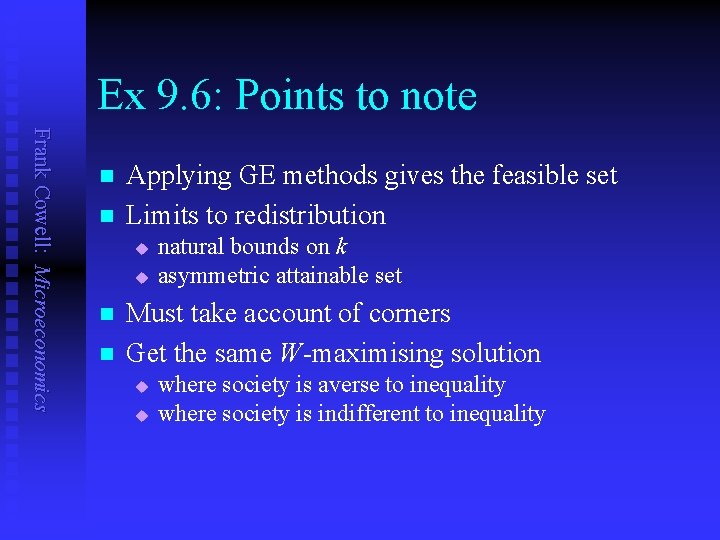 Ex 9. 6: Points to note Frank Cowell: Microeconomics n n Applying GE methods