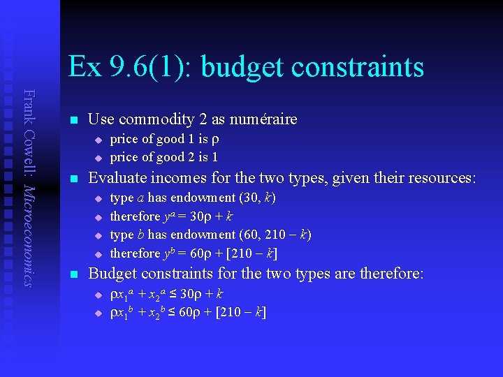 Ex 9. 6(1): budget constraints Frank Cowell: Microeconomics n Use commodity 2 as numéraire