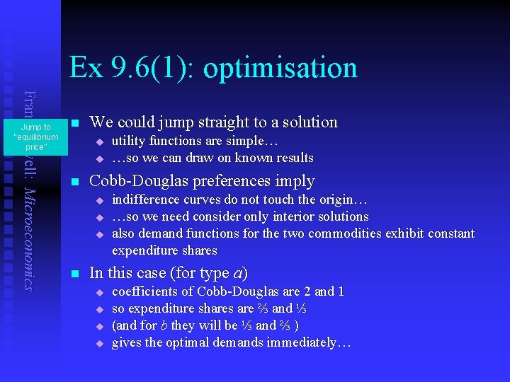 Ex 9. 6(1): optimisation Frank Cowell: Microeconomics Jump to “equilibrium price” n We could