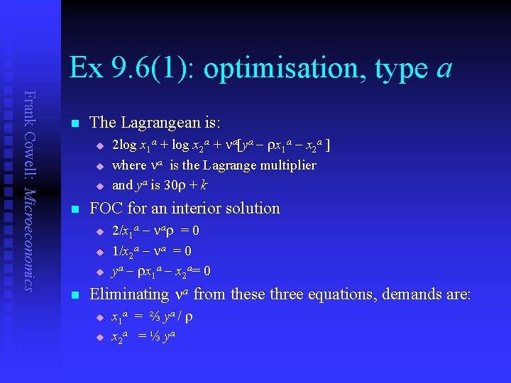 Ex 9. 6(1): optimisation, type a Frank Cowell: Microeconomics n The Lagrangean is: u