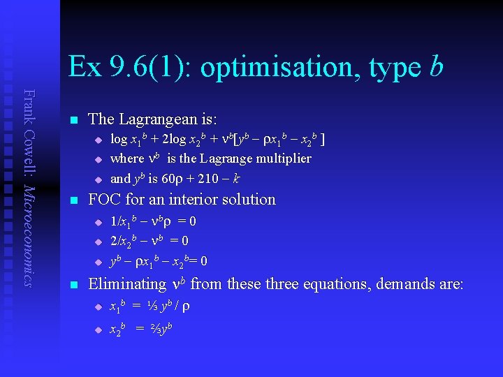 Ex 9. 6(1): optimisation, type b Frank Cowell: Microeconomics n The Lagrangean is: u