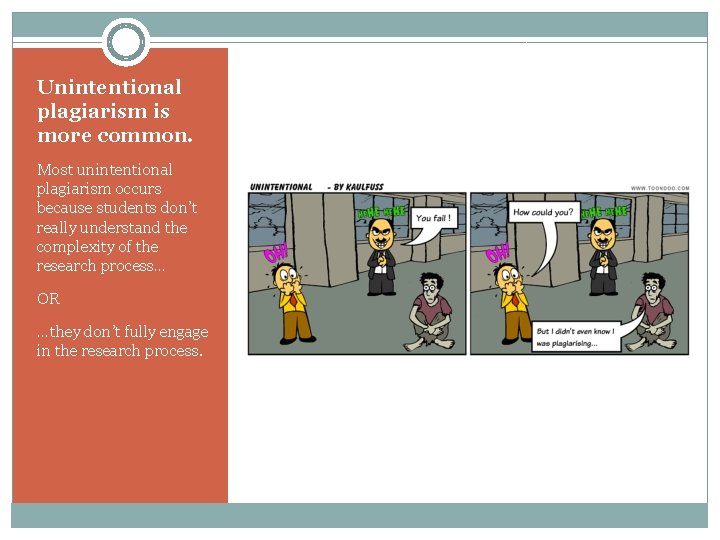 Unintentional plagiarism is more common. Most unintentional plagiarism occurs because students don’t really understand