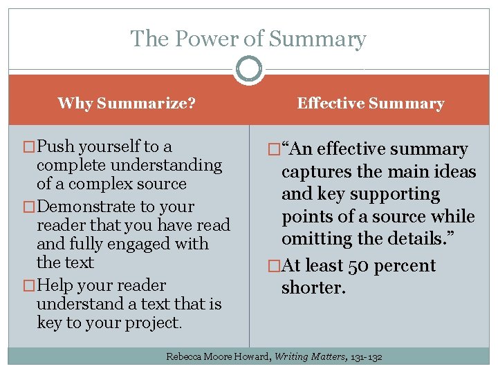 The Power of Summary Why Summarize? �Push yourself to a complete understanding of a