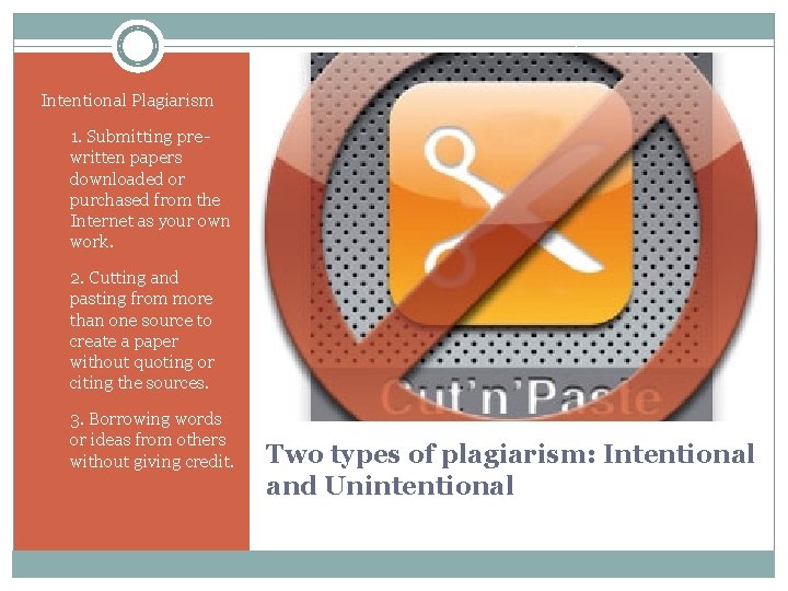 Intentional Plagiarism 1. Submitting prewritten papers downloaded or purchased from the Internet as your