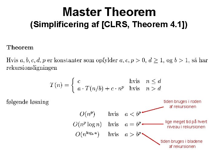 Master Theorem (Simplificering af [CLRS, Theorem 4. 1]) tiden bruges i roden af rekursionen