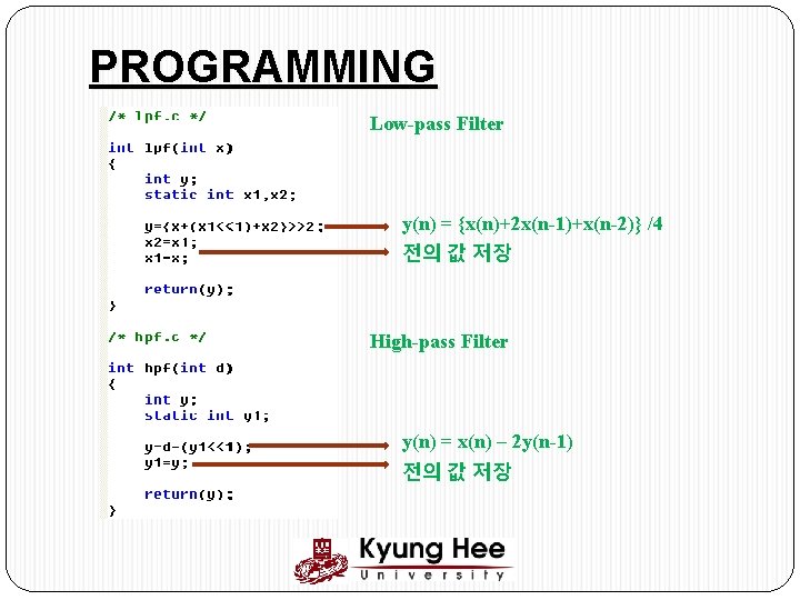 PROGRAMMING Low-pass Filter y(n) = {x(n)+2 x(n-1)+x(n-2)} /4 전의 값 저장 High-pass Filter y(n)