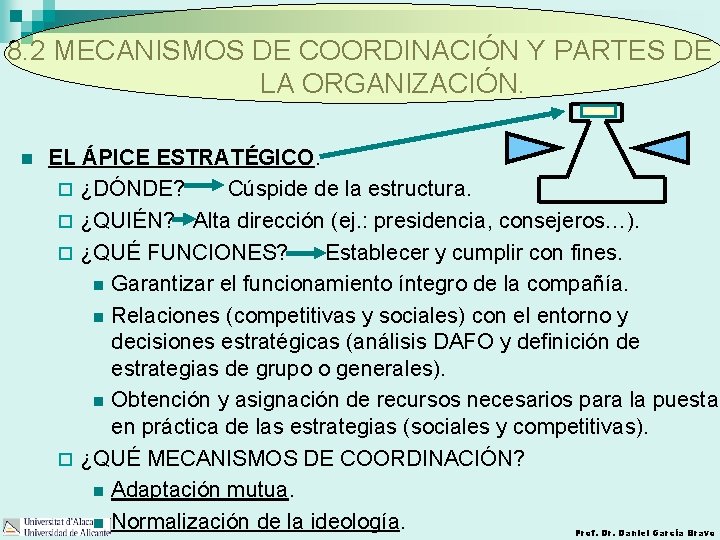 8. 2 MECANISMOS DE COORDINACIÓN Y PARTES DE LA ORGANIZACIÓN. n EL ÁPICE ESTRATÉGICO.