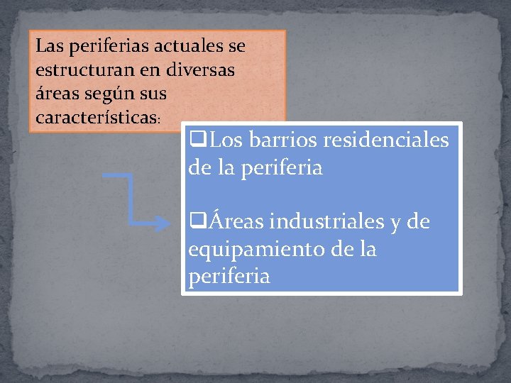 Las periferias actuales se estructuran en diversas áreas según sus características: q. Los barrios