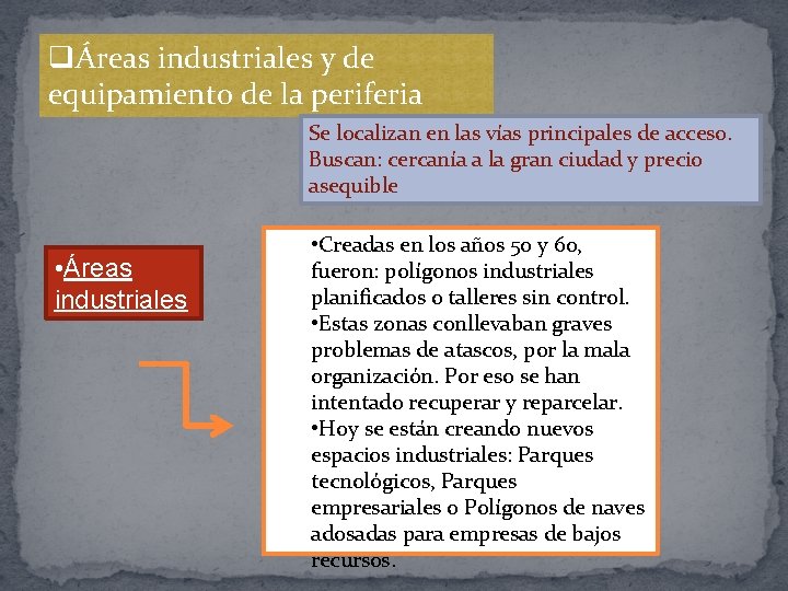 qÁreas industriales y de equipamiento de la periferia Se localizan en las vías principales