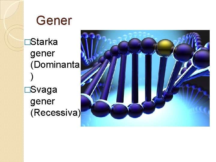 Gener �Starka gener (Dominanta ) �Svaga gener (Recessiva) 