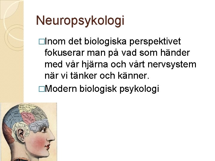 Neuropsykologi �Inom det biologiska perspektivet fokuserar man på vad som händer med vår hjärna