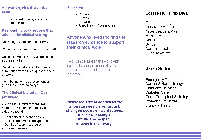 A librarian joins the clinical team: Supporting: - On ward rounds, at clinical meetings…